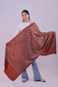 Kashmiri Floral Aari Embroidered Rust Woolen Stole