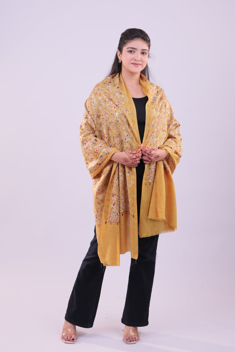 Royal Kashmiri Floral Aari Mustard Yellow Stole