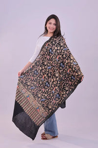 Midnight Noir Embroidered Fine Wool Stole