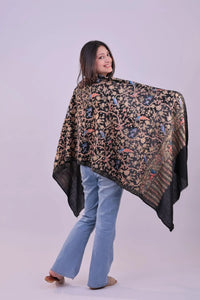 Midnight Noir Embroidered Fine Wool Stole