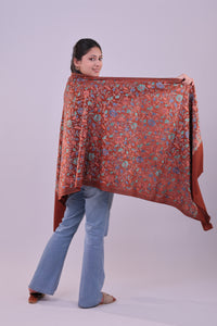 Kashmiri Floral Aari Embroidered Rust Woolen Stole