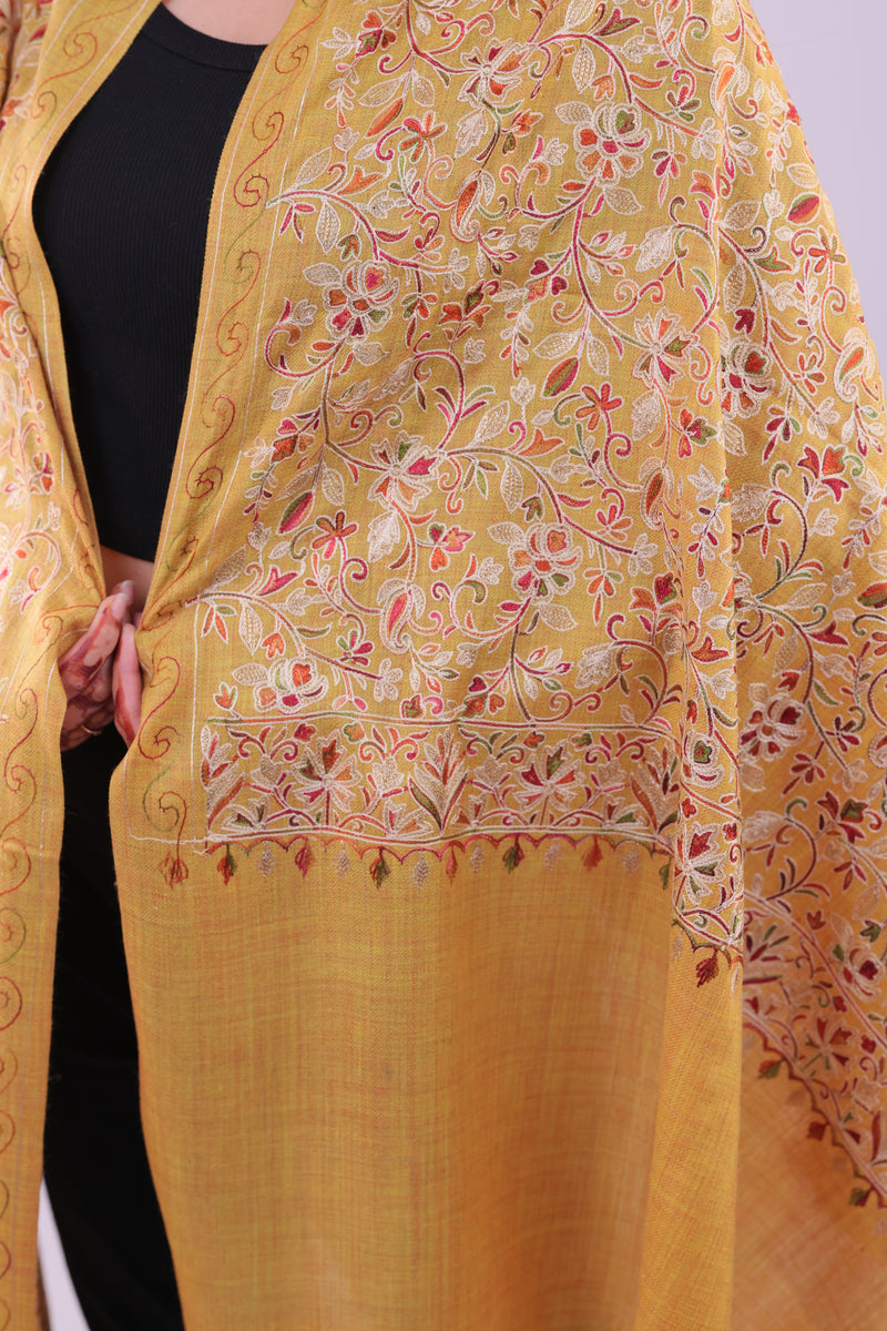 Royal Kashmiri  Floral Aari Mustard Yellow Stole