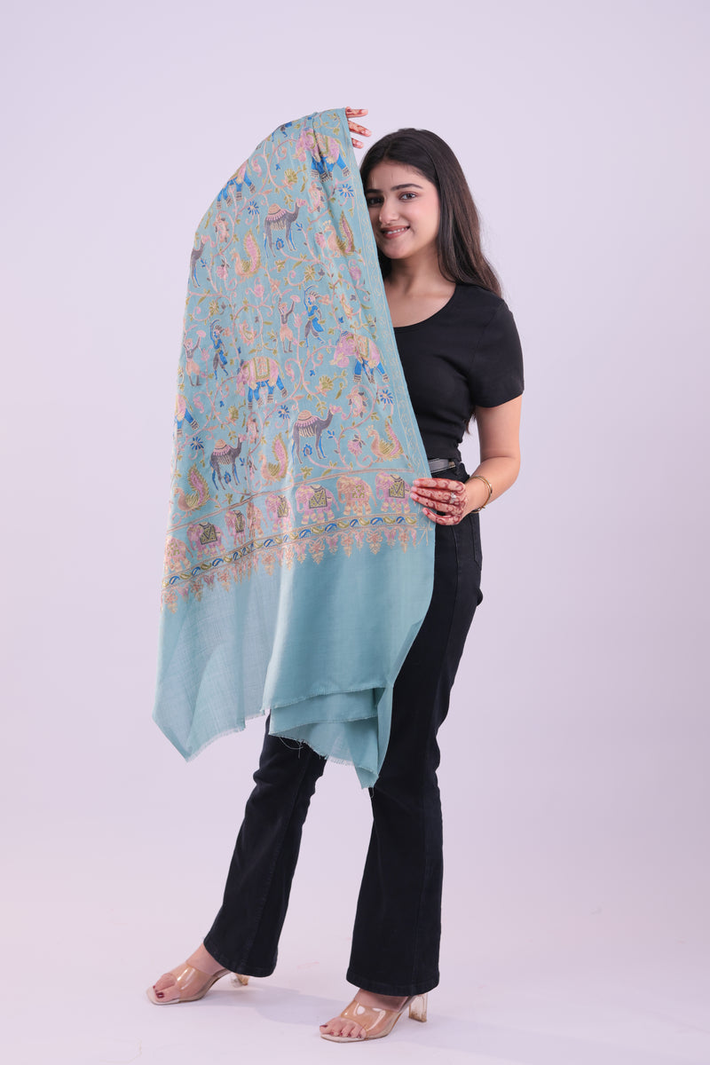 Regal Kashmiri Animal Sea Green Woolen Stole