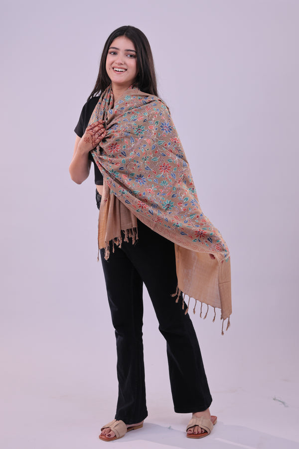 Elegance Kashmiri Floral Aari Embroidered Beige Stole — product image 1
