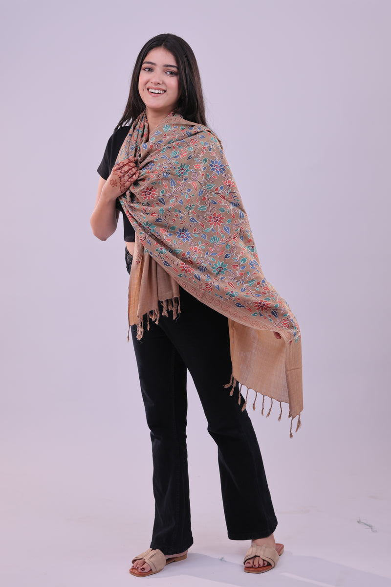 Elegance Kashmiri  Floral Aari Embroidered Beige Stole