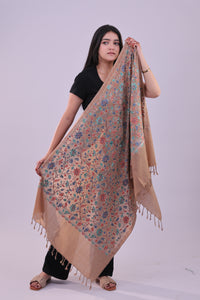 Elegance Kashmiri  Floral Aari Embroidered Beige Stole