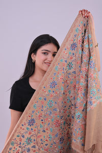 Elegance Kashmiri  Floral Aari Embroidered Beige Stole