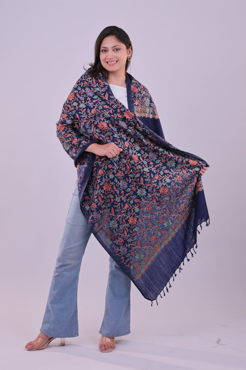Elegance Floral Aari Embroidered Navy Blue Stole