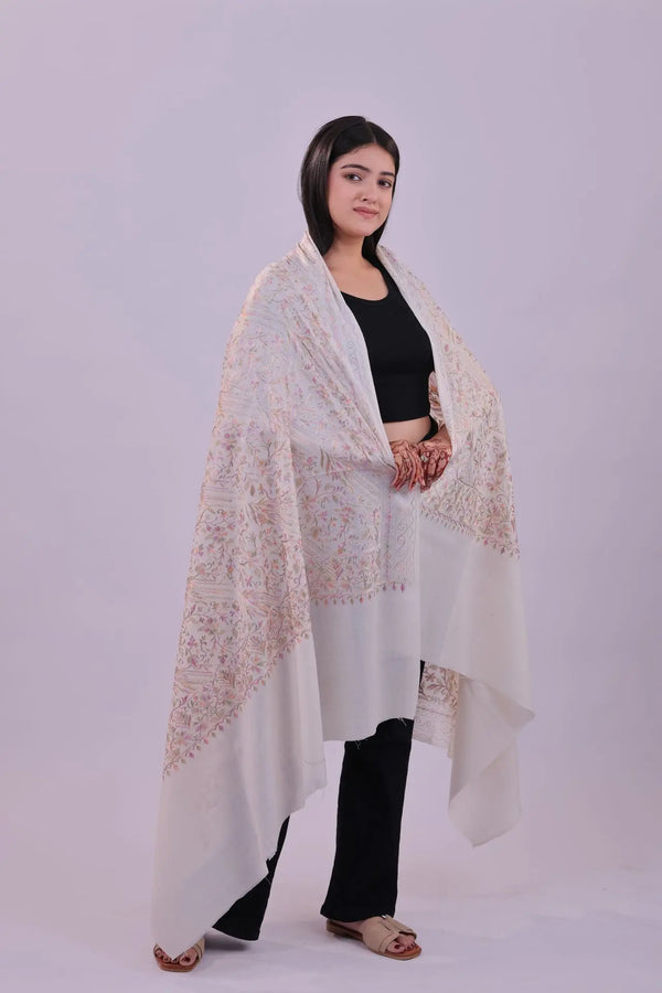 Ivory Embroidered Wool Shawl