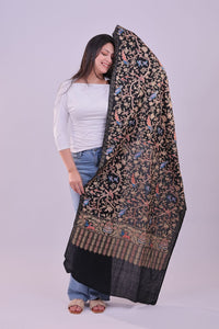 Midnight Noir Embroidered Fine Wool Stole