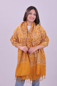 Golden Saffron Floral Fine Wool Stole