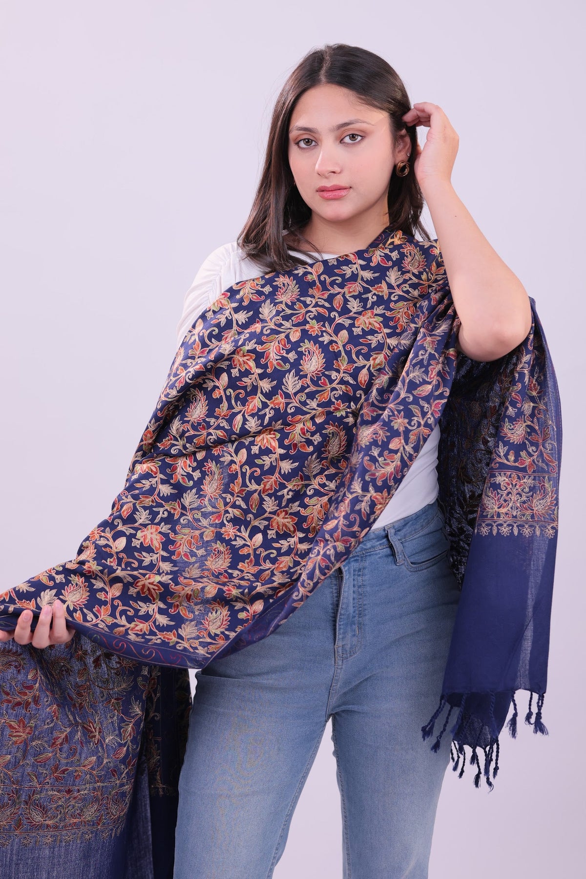 LIYAAQAT Navy Heritage Fine Wool Stole – full drape